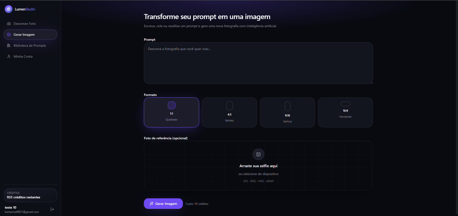 Tela real da LumenStudio: geração de imagem com prompt, formatos 1:1, 4:5, 9:16 e 16:9 e envio de foto de referência